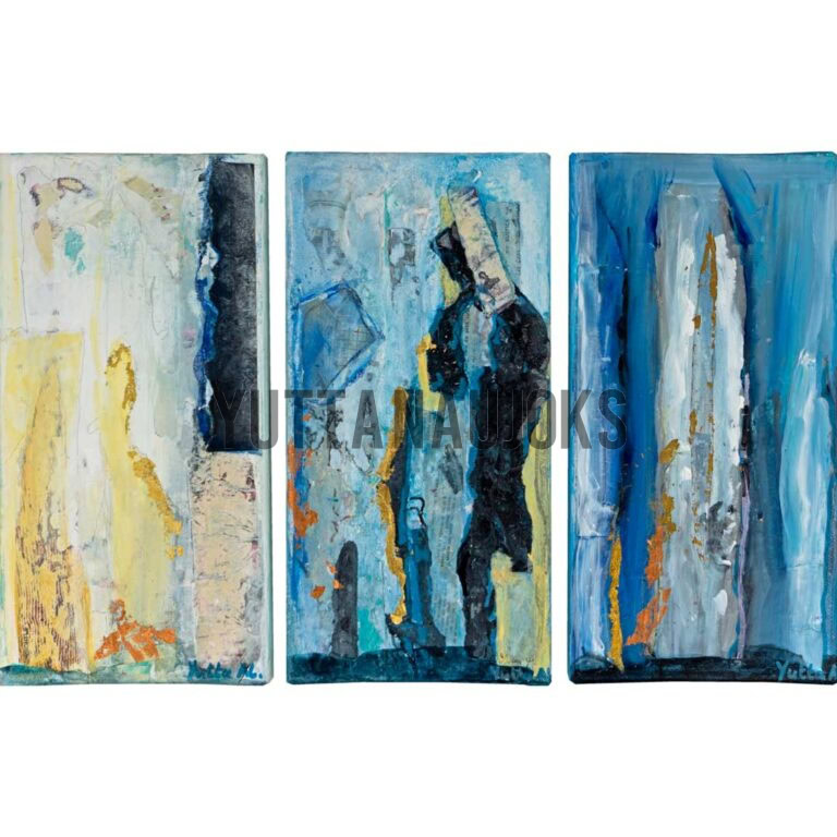 drei Gemälde mit Streichoptik, die sich nach und nach von gelb zu blau verfärben