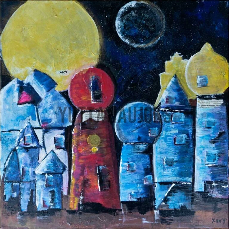 dunkler Hintergrund mit einem großen gelben Mond und einem weiteren Planeten, im Vordergrund ein Stadt bestehend aus blau und rot eingefärbten Türmen